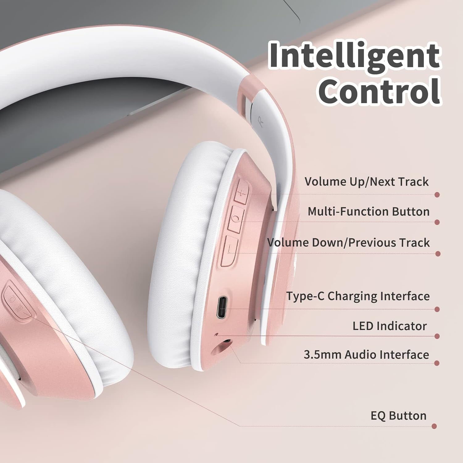 Wireless Bluetooth Headphones, 65H Playtime, 6EQ Sound Modes, Hifi Stereo over Ear Headphones with Microphone, Foldable Bluetooth 5.3 Headphone for Travel/Office/Cellphone/Pc (Rose Gold)