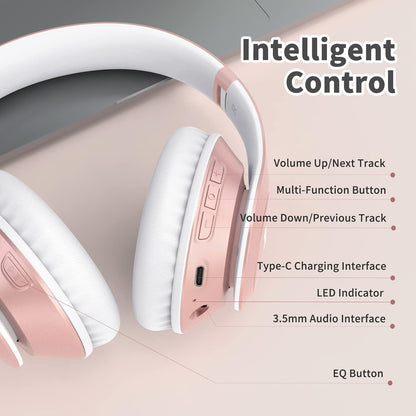 Wireless Bluetooth Headphones, 65H Playtime, 6EQ Sound Modes, Hifi Stereo over Ear Headphones with Microphone, Foldable Bluetooth 5.3 Headphone for Travel/Office/Cellphone/Pc (Rose Gold)