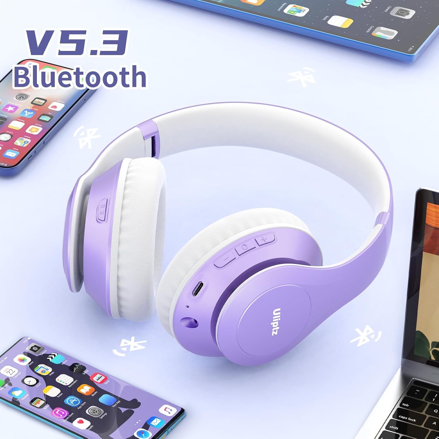 Wireless Bluetooth Headphones, 65H Playtime, 6EQ Sound Modes, Hifi Stereo over Ear Headphones with Microphone, Foldable Bluetooth 5.3 Headphone for Travel/Office/Cellphone/Pc (Purple)
