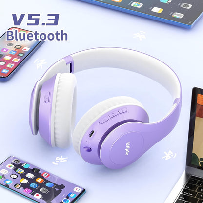 Wireless Bluetooth Headphones, 65H Playtime, 6EQ Sound Modes, Hifi Stereo over Ear Headphones with Microphone, Foldable Bluetooth 5.3 Headphone for Travel/Office/Cellphone/Pc (Purple)