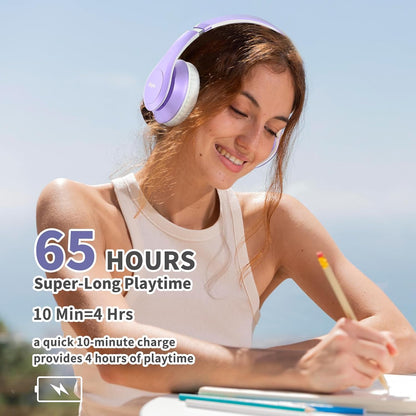Wireless Bluetooth Headphones, 65H Playtime, 6EQ Sound Modes, Hifi Stereo over Ear Headphones with Microphone, Foldable Bluetooth 5.3 Headphone for Travel/Office/Cellphone/Pc (Purple)