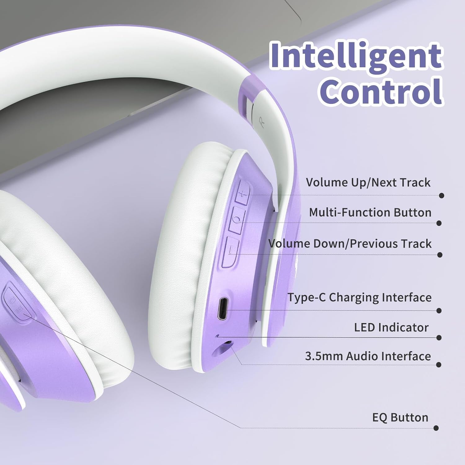 Wireless Bluetooth Headphones, 65H Playtime, 6EQ Sound Modes, Hifi Stereo over Ear Headphones with Microphone, Foldable Bluetooth 5.3 Headphone for Travel/Office/Cellphone/Pc (Purple)