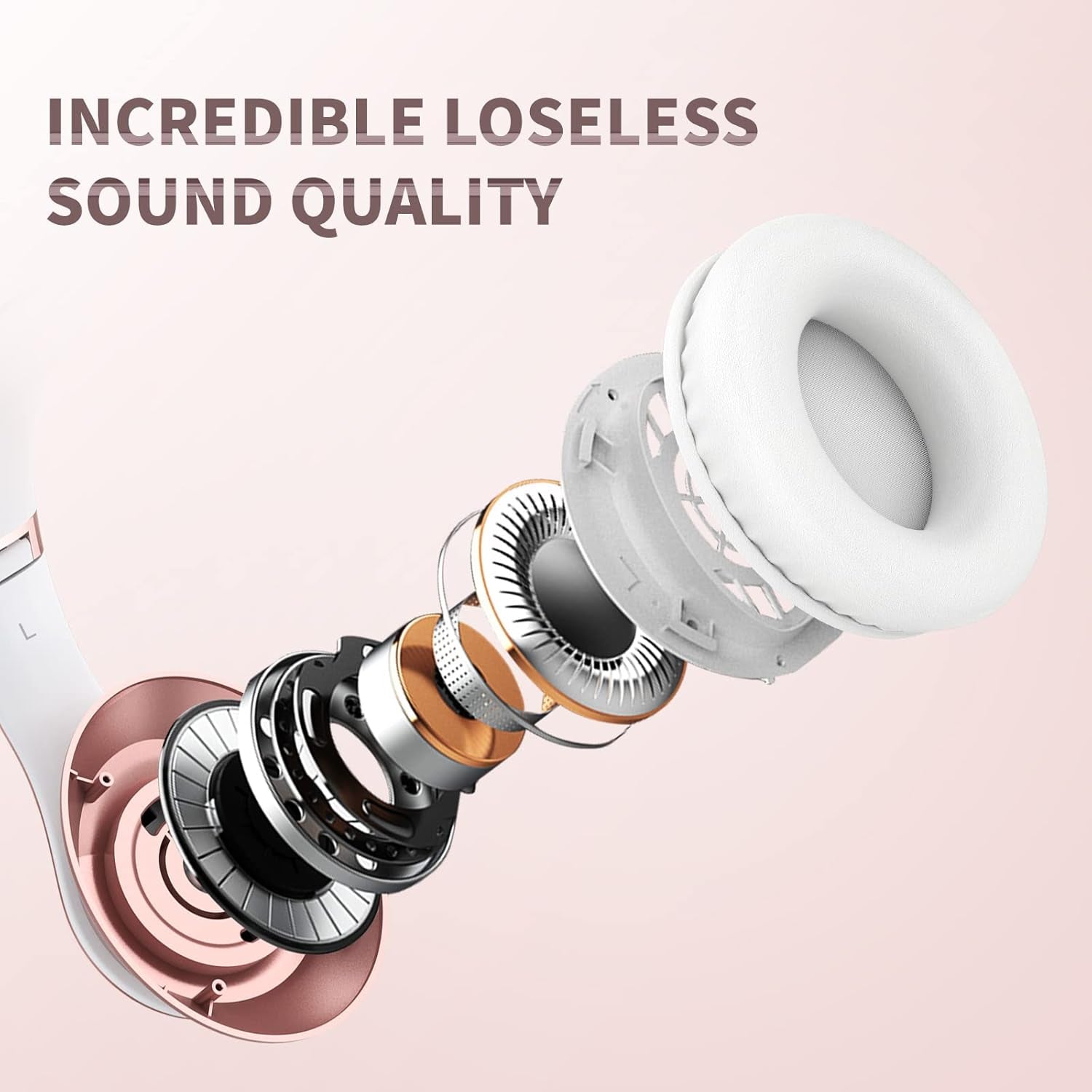 Wireless Bluetooth Headphones, 65H Playtime, 6EQ Sound Modes, Hifi Stereo over Ear Headphones with Microphone, Foldable Bluetooth 5.3 Headphone for Travel/Office/Cellphone/Pc (Rose Gold)