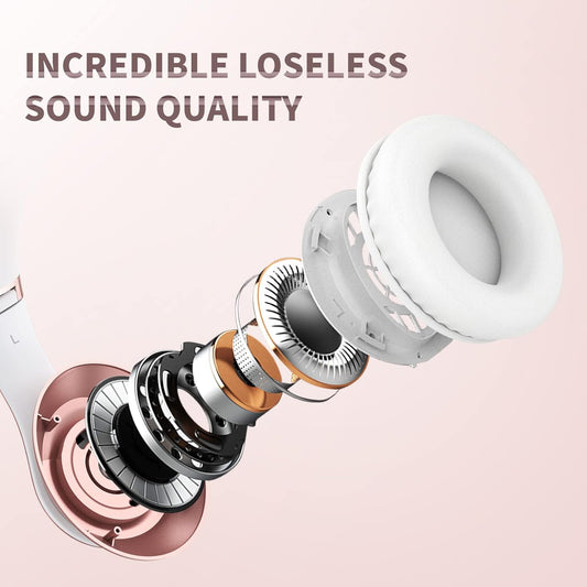 Wireless Bluetooth Headphones, 65H Playtime, 6EQ Sound Modes, Hifi Stereo over Ear Headphones with Microphone, Foldable Bluetooth 5.3 Headphone for Travel/Office/Cellphone/Pc (Rose Gold)