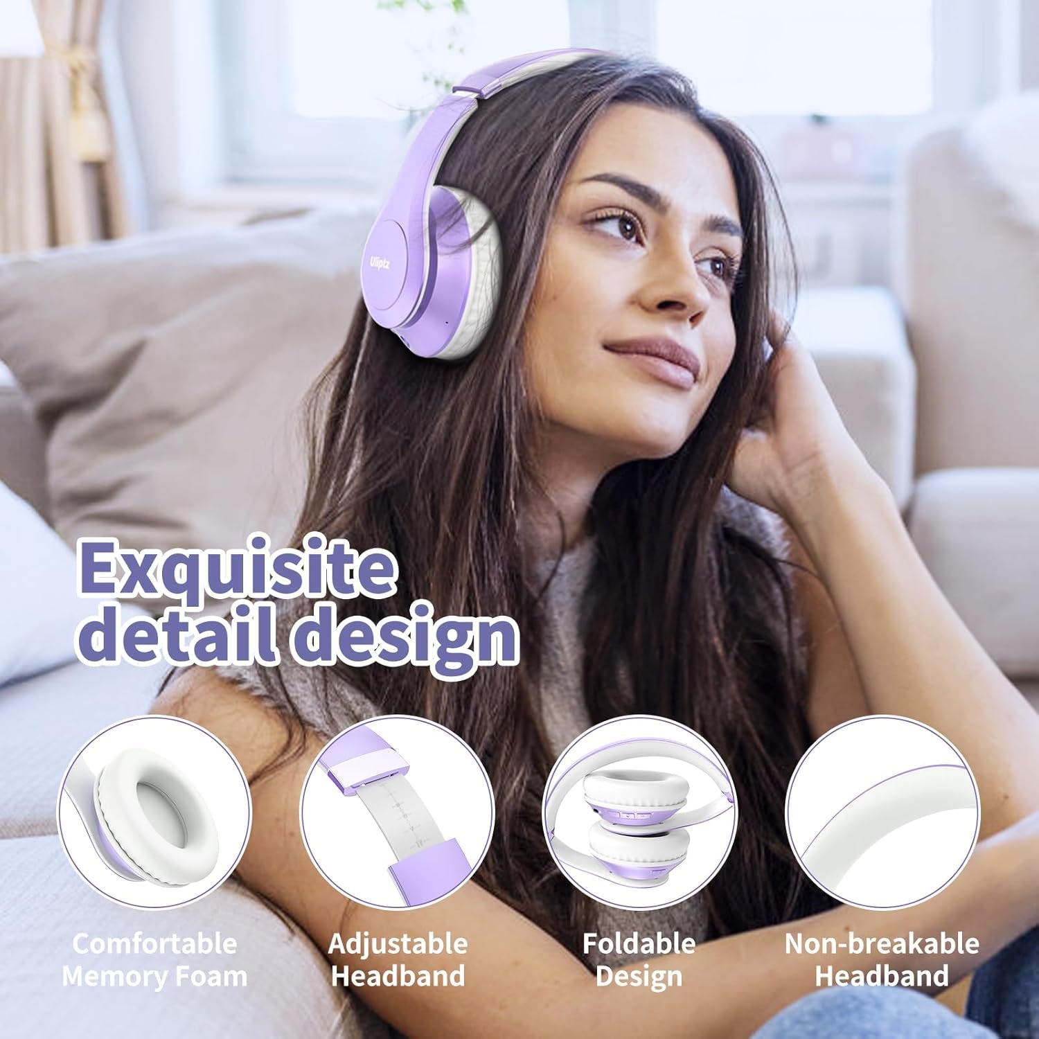 Wireless Bluetooth Headphones, 65H Playtime, 6EQ Sound Modes, Hifi Stereo over Ear Headphones with Microphone, Foldable Bluetooth 5.3 Headphone for Travel/Office/Cellphone/Pc (Purple)