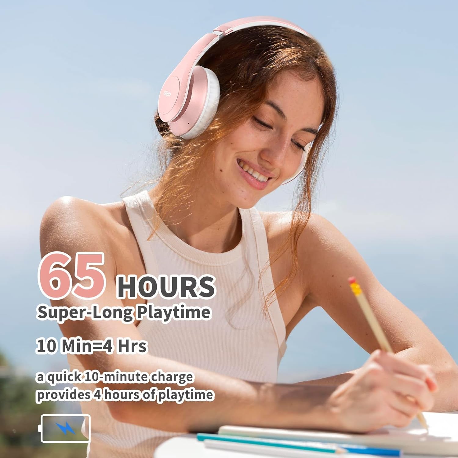 Wireless Bluetooth Headphones, 65H Playtime, 6EQ Sound Modes, Hifi Stereo over Ear Headphones with Microphone, Foldable Bluetooth 5.3 Headphone for Travel/Office/Cellphone/Pc (Rose Gold)