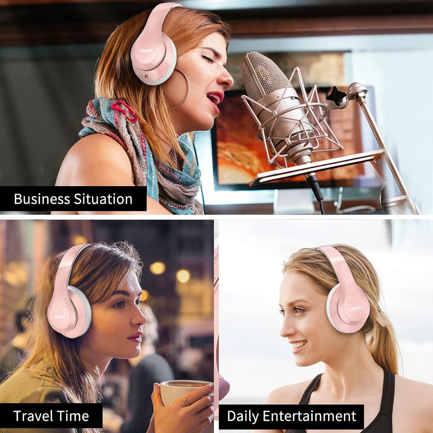 Wireless Bluetooth Headphones, 65H Playtime, 6EQ Sound Modes, Hifi Stereo over Ear Headphones with Microphone, Foldable Bluetooth 5.3 Headphone for Travel/Office/Cellphone/Pc (Rose Gold)
