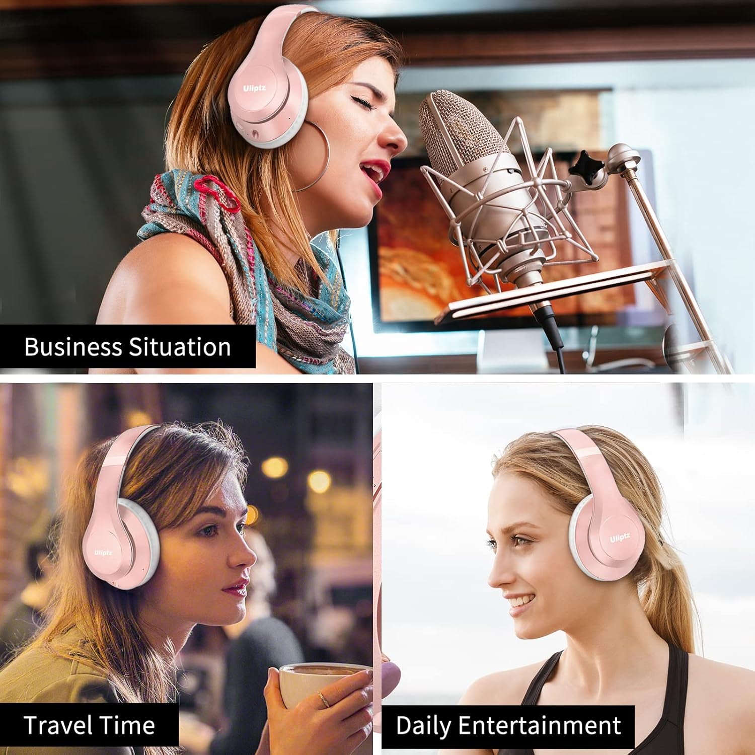 Wireless Bluetooth Headphones, 65H Playtime, 6EQ Sound Modes, Hifi Stereo over Ear Headphones with Microphone, Foldable Bluetooth 5.3 Headphone for Travel/Office/Cellphone/Pc (Rose Gold)