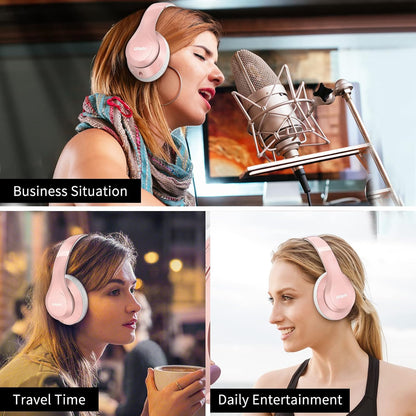 Wireless Bluetooth Headphones, 65H Playtime, 6EQ Sound Modes, Hifi Stereo over Ear Headphones with Microphone, Foldable Bluetooth 5.3 Headphone for Travel/Office/Cellphone/Pc (Rose Gold)