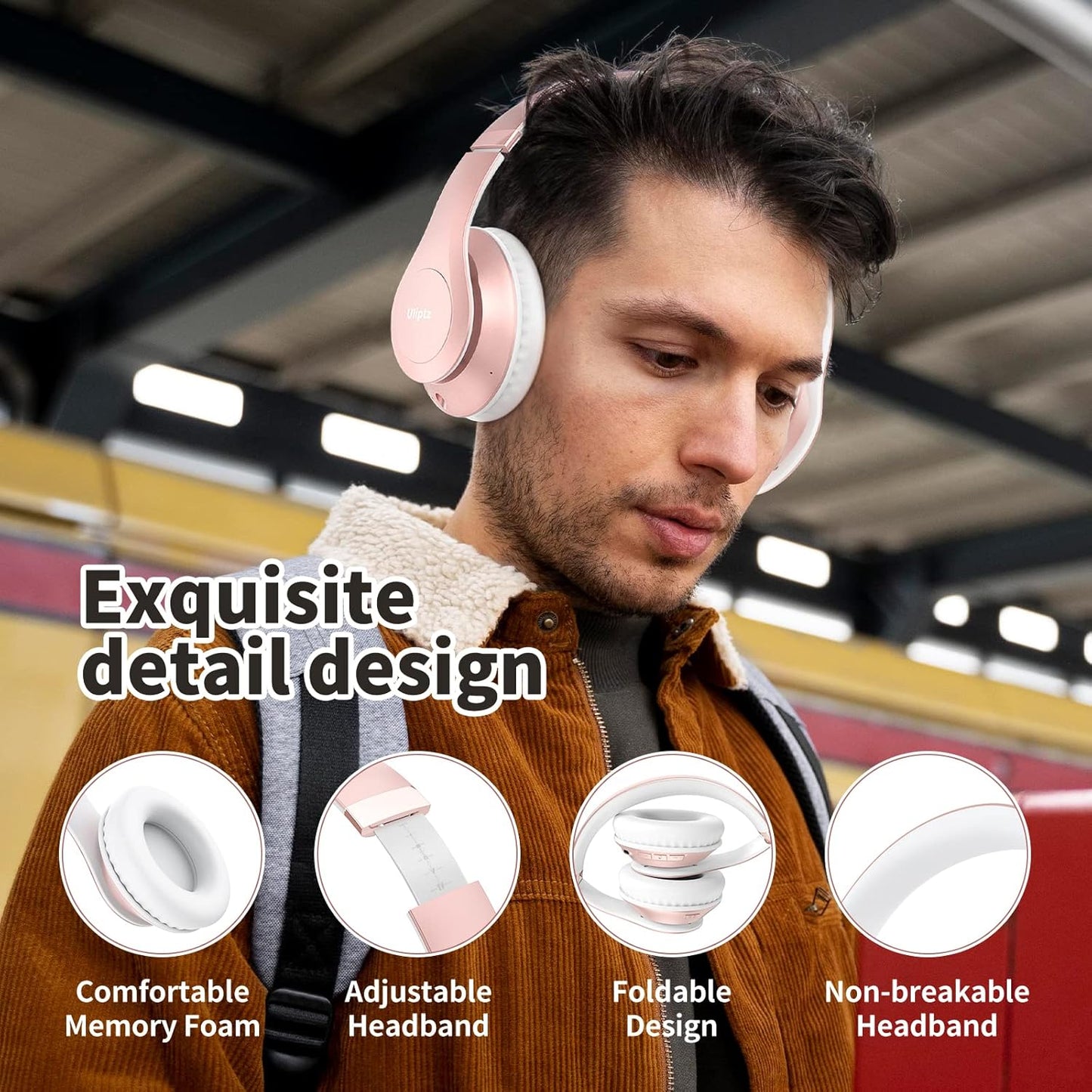 Wireless Bluetooth Headphones, 65H Playtime, 6EQ Sound Modes, Hifi Stereo over Ear Headphones with Microphone, Foldable Bluetooth 5.3 Headphone for Travel/Office/Cellphone/Pc (Rose Gold)