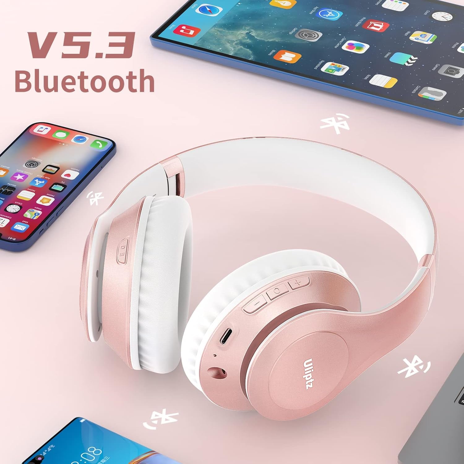 Wireless Bluetooth Headphones, 65H Playtime, 6EQ Sound Modes, Hifi Stereo over Ear Headphones with Microphone, Foldable Bluetooth 5.3 Headphone for Travel/Office/Cellphone/Pc (Rose Gold)